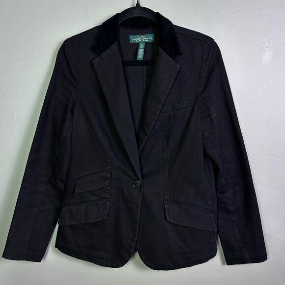 Lauren Ralph Lauren jacket medium denim blazer equestrian velvet collar black - Picture 2 of 11
